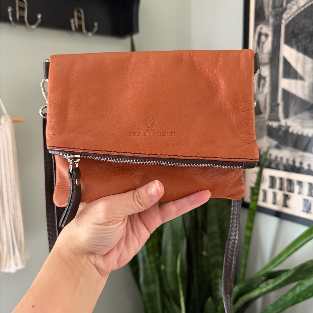 Italian Leather Crossbody Bag in Rich Camel with Chocolate Trim